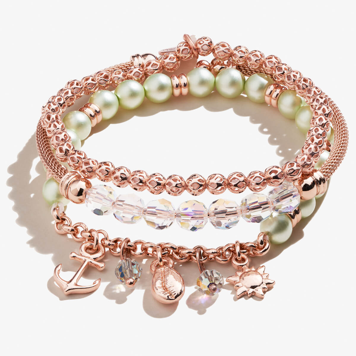 Green Pearl + Sea Charm Bracelets, Set of 3